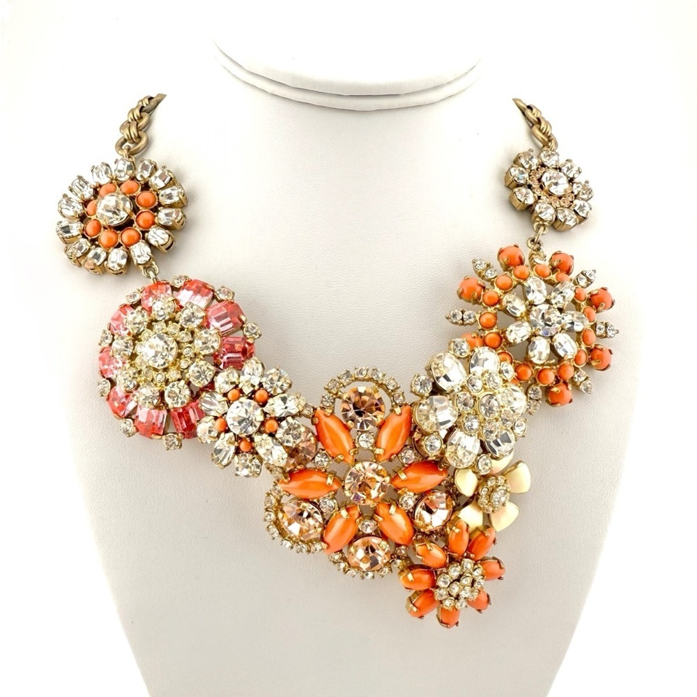 Retired J Crew Flower Lattice Statement Necklace in Coral, Pink and Gold